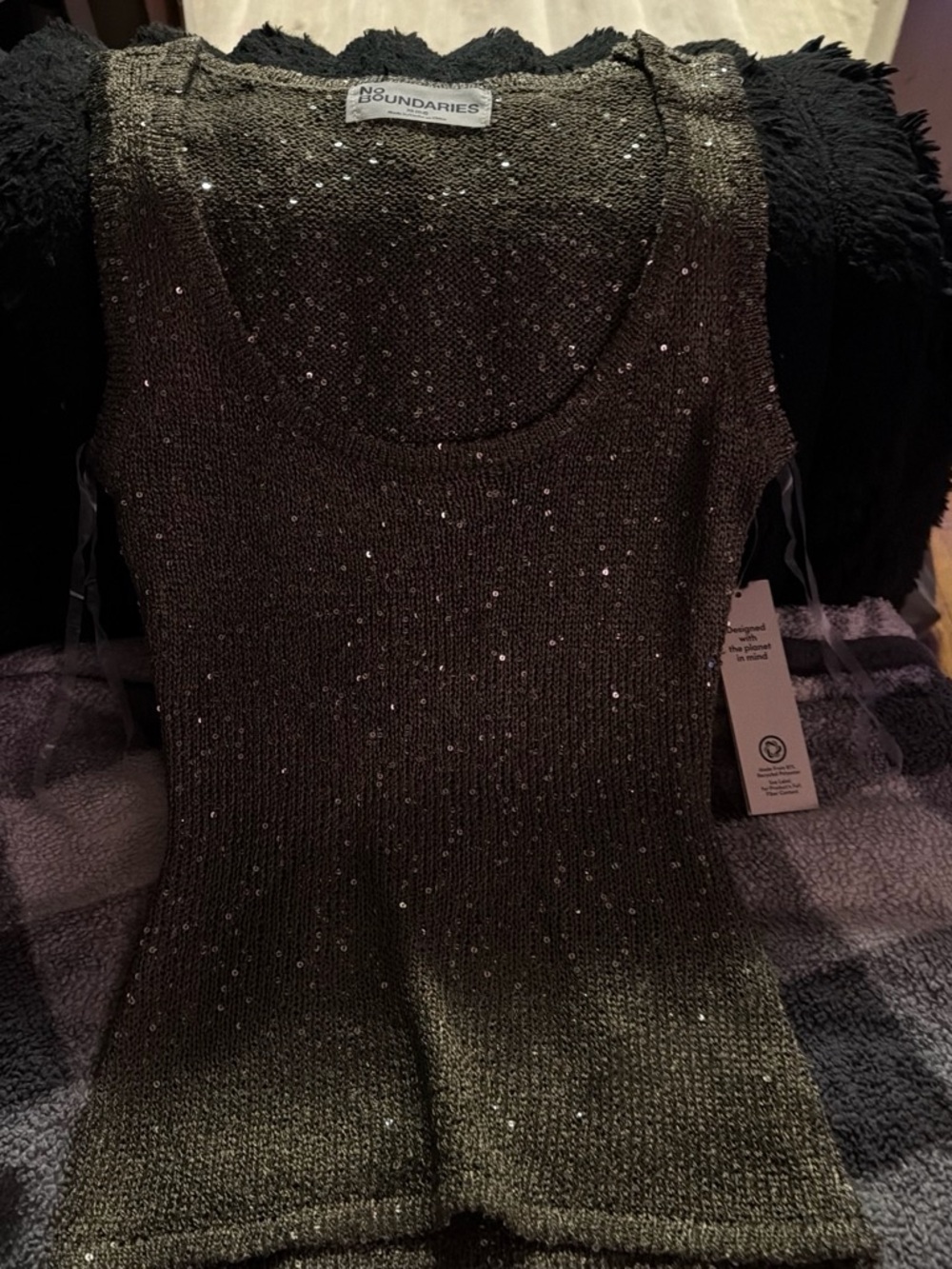 No Boundaries Olive Green Sequin Scoop Neck Tank Sweater